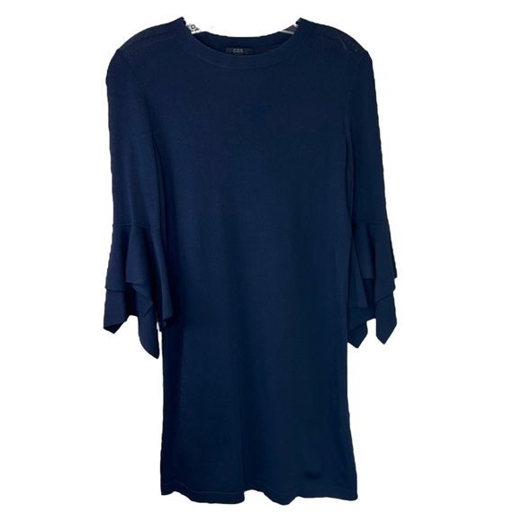COS - Women’s Knitted Shift Dress, Draped Sleeves, Mini - Navy Blue, X-Small - Picture 3 of 15